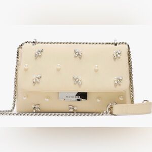 NWT Ted Baker Ivory Satin Pearl Crystal Embellished Crossbody Bag w Chain Strap